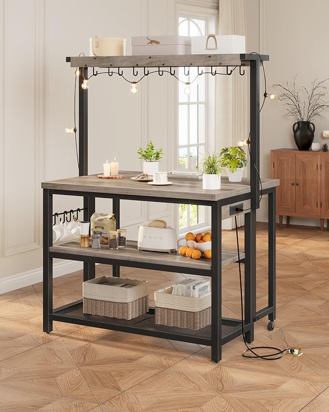 Kitchen Island with Power Outlet, Kitchen Island Table with Folding Top, Stationary Storage Islands, Coffee Bar with Outlets and USB Ports, for Dining Room, Living Room, Greige TZD01UBG - Image 3