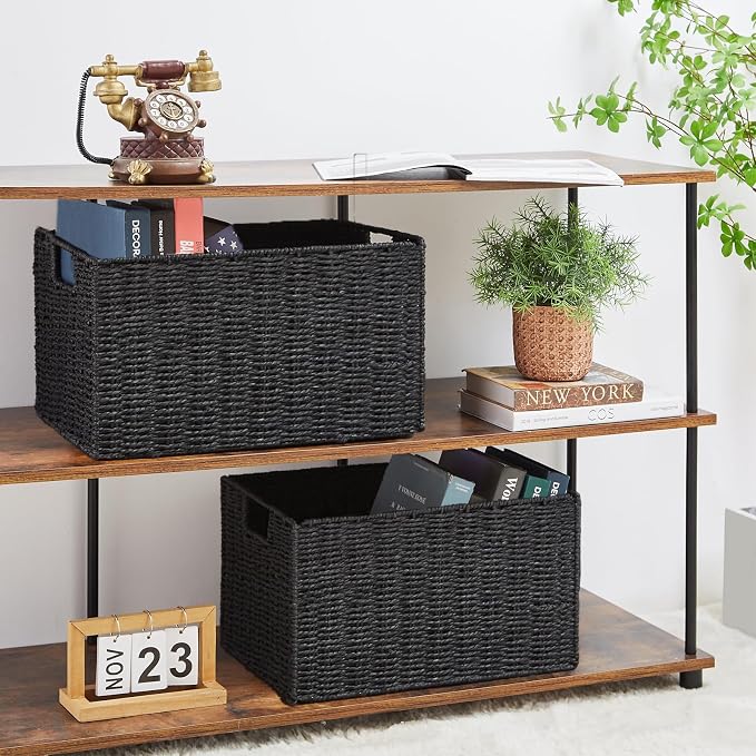 Wicker Storage Basket, Set of 2 Hand-Woven Paper Rope Wicker Basket, Small Storage Baskets for Organizing Toilet Paper Basket, Foldable Large Cube Storage Organizer Bins for Shelves (Black) - Image 4