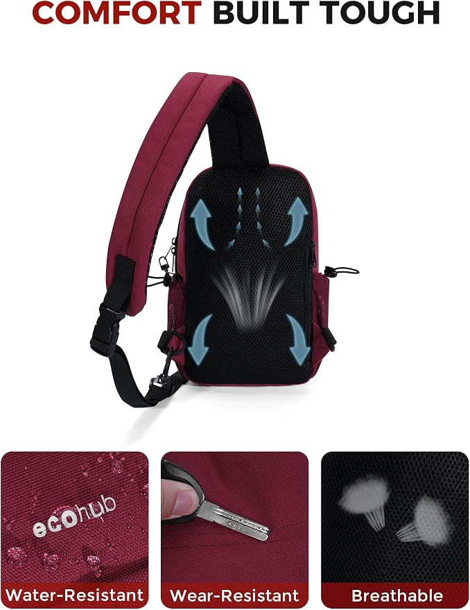 ECOHUB Crossbody Bags for Women Men, Anti-Theft RFID Blocking Sling Backpack Water Resistant Chest Shoulder Daypack, Red - Image 6