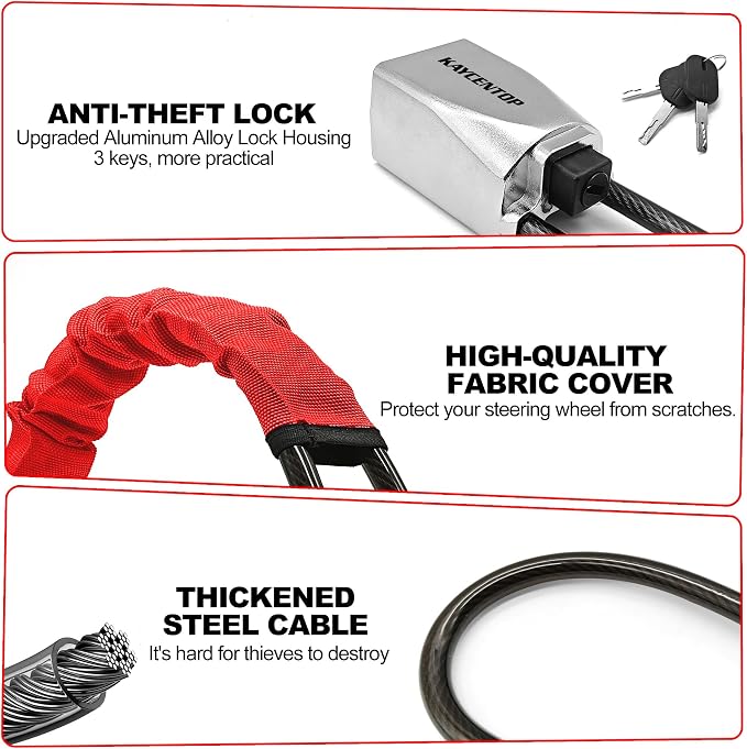 KAYCENTOP Car Steering Wheel Lock, Seat Belt Lock, Car Locks Anti-Theft Device with Aluminum Alloy Lock Housing, Max 17 Inch Length, High Visibility and Light-Weight, Universal Fit, 3Keys(Red) - Image 3
