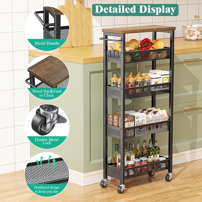 Slim Storage Cart 5 Tier Narrow Kitchen Rolling Cart on Wheels for Small Space, Metal Utility Cart Narrow Bathroom Storage Cabinet Mobile Shelf Unit Organizer with Wood Top and Handle, Black - Image 5