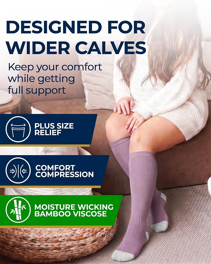 Pembrook 3 Pairs Plus Size Compression Socks Wide Calf - Bamboo Viscose Compression Socks for Women Wide Calf - Image 2