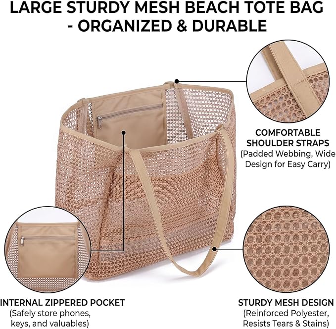 Beach Bag with Mini Pocket, Large Foldable Mesh Tote for Women, Lightweight & Travel Bag for Vacation & Outdoor - Image 4
