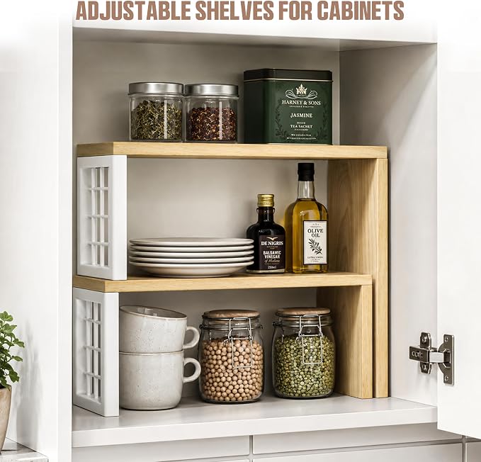 Kitchen Countertop Organizer, 2 Tier Corner Counter Shelf, Beige | Adjustable Cabinet Organizer Shelf, Spice Rack, for Kitchen, Coffee Station, Stackable, Expandable, Fits Corners - Image 5