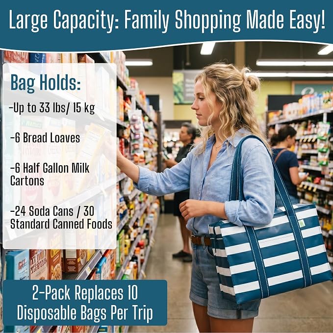 VENO 2 Pack Utility Tote Reusable Grocery Bags with Zipper & Hard Bottom | Heavy Duty Foldable Water-Resistant Shopping Bags for Summer Beach, Picnic & Travel Carry-on (Classic Navy Stripe, 2 Pack) - Image 4