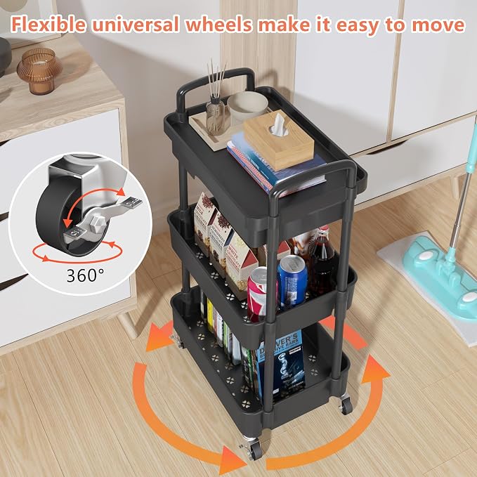 Calmootey 3-Tier Utility Cart with Drawer & Wheels, Storage for Home,Office | Space-Saving Organizer, Sturdy Plastic Shelves, Smooth-Rolling Metal Wheels, Built-in Drawer for Small Items, Black - Image 8