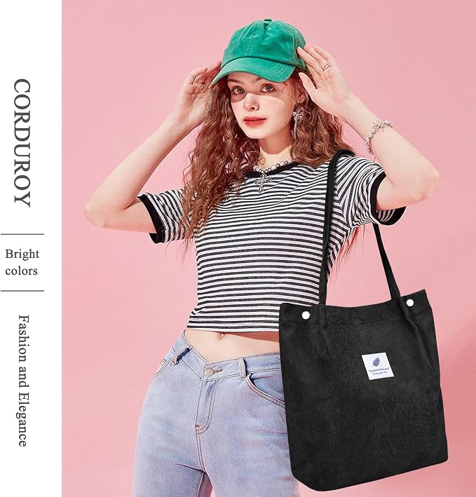 LHMTQVK Corduroy Tote Bags for Women, Large Capacity Tote Purse Reusable Grocery Shoulder Bag with Inner Pockets - Image 6