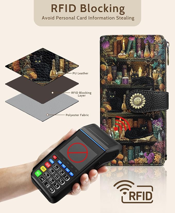 GIANCOMICS Black Cat Book Womens Wallet RFID, Credit Card Holder Bifold | Billfold, Cute Cash Purse, Travel Zipper Coin Pocket, Compact Clutch, PU Leather, ID Window, 11 Card Slots, Ladies Gift Woman - Image 4