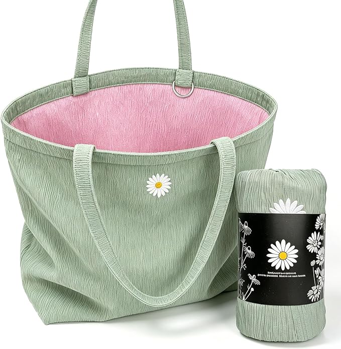 CYD Vacation Tote Bag for Women, Reversible Pink Green Beach Carryall | Vacation tote bag for women and pool bag for women with reversible style, outer pockets and soft packable comfort. by CYD