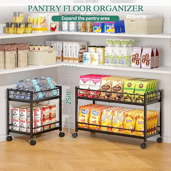 2 Pack 2-Tier Expandable Rolling Pantry Cart with Wheels, Adjustable Floor Organizer for Kitchen Pantry, Can Organizer for Pantry, Storage Cart for Snack, Food, Vegetables, Black, Patent Pending - Image 4