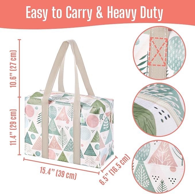 VENO 2 Pack Utility Tote Reusable Grocery Bags with Zipper & Hard Bottom | Heavy Duty Foldable Water-Resistant Shopping Bags for Summer Beach, Pool, Picnic & Travel Carry-on (Pastel Forest, 2 Pack) - Image 3