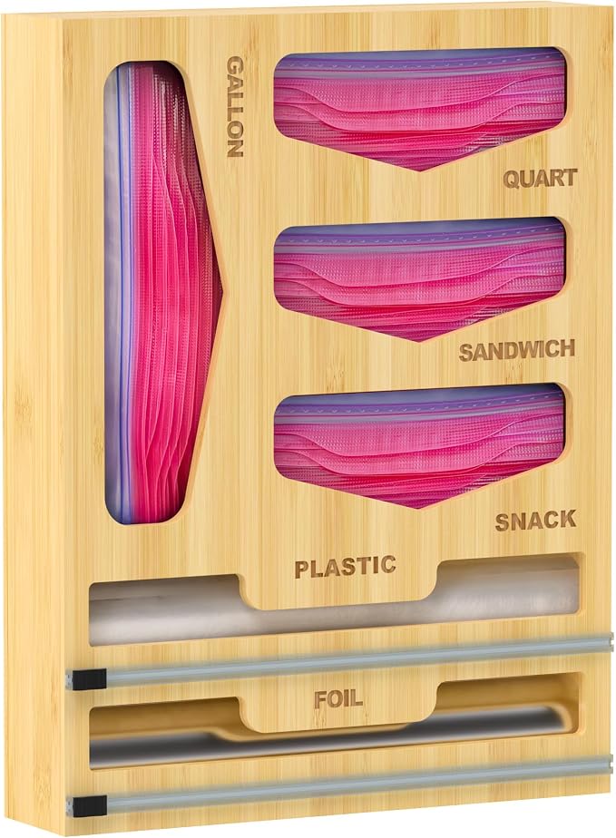 DALSHABET Bamboo Bag Organizer with Magnetic Closure, 6 In 1 Kitchen Drawer Foil and Plastic Wrap Dispenser with Cutter, Storage bag for Gallon, Quart, Sandwich, Snack Beige by DALSHABET
