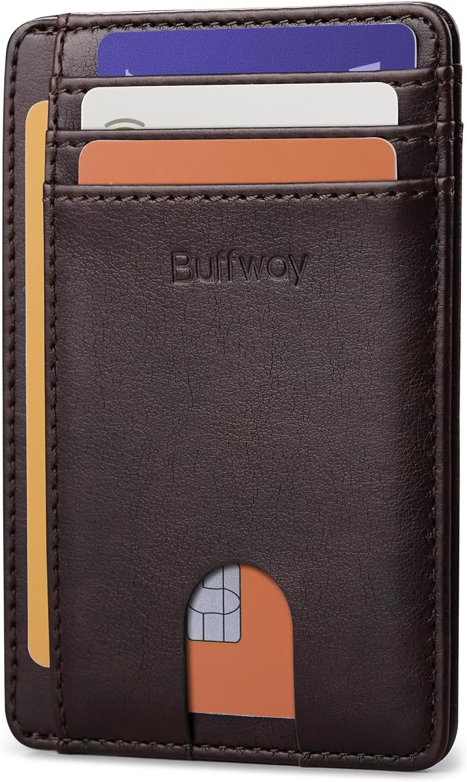 Buffway Slim Minimalist Front Pocket RFID Blocking Leather Wallets for Men and Women - Pebble Brown by Buffway