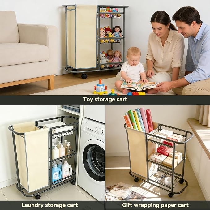 Narrow Laundry Cart with Wheels, 3 Baskets and 45L Laundry Bag | Metal Rolling Cart for Small Space, Laundry Room Organization and Storage, for Bathroom Living Room Apartment Dorm - Image 7