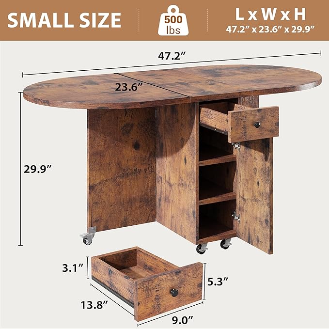 Jocoevol Round Folding Dining Table for 4, Space Saving Drop Leaf Kitchen Table with Storage Drawer, 6 Wheels Oval Gateleg Foldable Dining Table for Small Spaces(Vintage 47 * 23.6 * 30) - Image 2