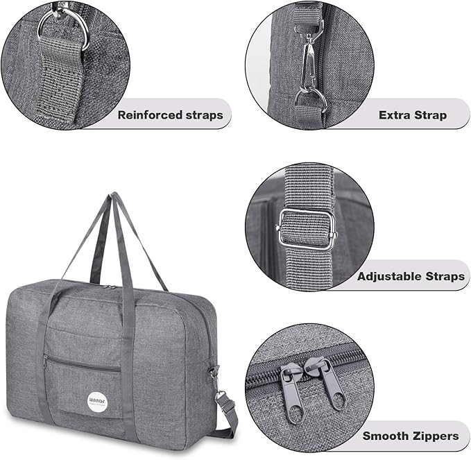 WANDF Foldable Travel Duffel Bag Luggage Sports Gym Water Resistant Nylon (E-Denim Gray with Strap) | 18x14x8 inches, Airline Underseat Aprroved, Weekend Overnight Trips, Lightweight Packable - Image 6
