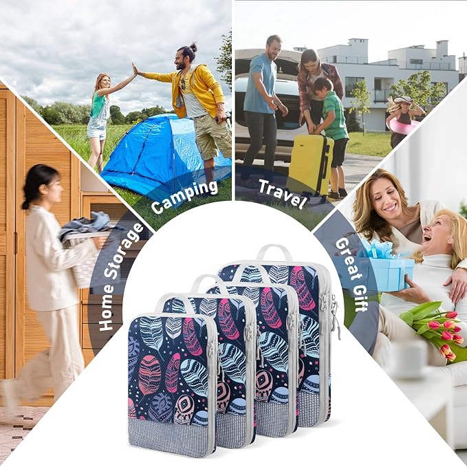 4 Set Compression Packing Cubes, Suitcase Organizer, Lightweight Travel Essentials, Compression Bags For Travel Accessories Luggage Storage Set (4Pcs, feather) - Image 5