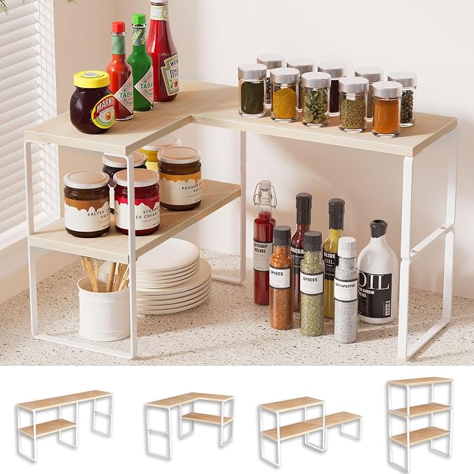 Golener Kitchen Counter Organizer, Countertop Shelf, Adjustable, Stackable | Kitchen Countertop Organizer, Spice Rack, 2-Tier Countertop Shelves, Corner Desk Shelf, Corner Counter Shelf, Natural Beige by Golener