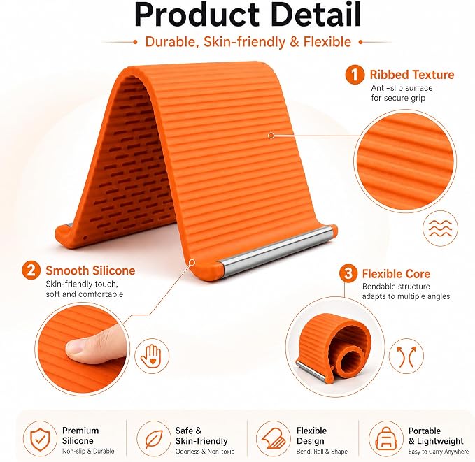2PCS Flexible Silicone Phone Holder, Foldable Aluminum Phone Stand | Bendable Core Foldable Rollable Phone Holder - Flexible iPhone Stand for Long Travel Accessories - Plane Essentials (Orange) - Image 5