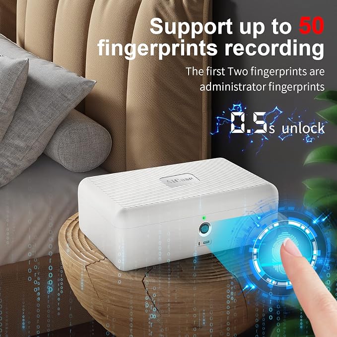 Biometric Fingerprint Storage Box,AICase Portable Cash Jewelry Security Case Lock Box Safe,Combination Lock for Car, Home,Office Travel White - Image 2