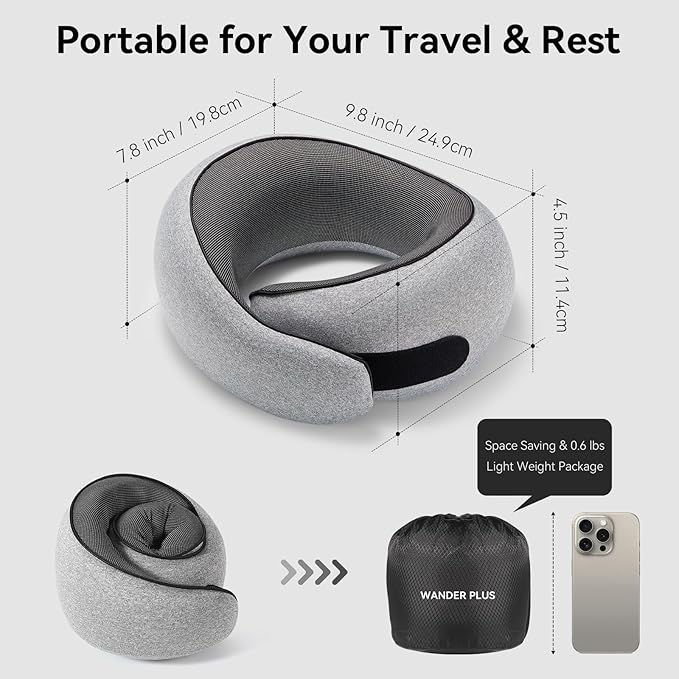 WANDER+ Plus Travel Neck Pillow, Pure Memory Foam Neck Pillow for Airplanes, Comfortable Breathable Cover, 360 Degree Support Ergonomic Design Best for Sleeping Plane Train Travel Essentials Max Grey - Image 2
