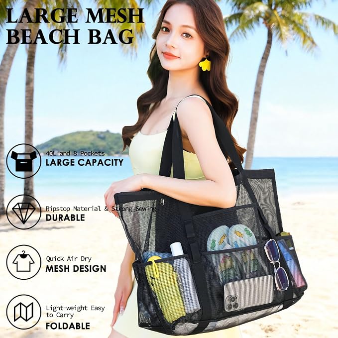 Fammart Mesh Beach Bag for Women, Large Beach Toy Pool Bag with Zipper Pocket, SandProof Cruise Essentials 2026 Family Travel - Image 3