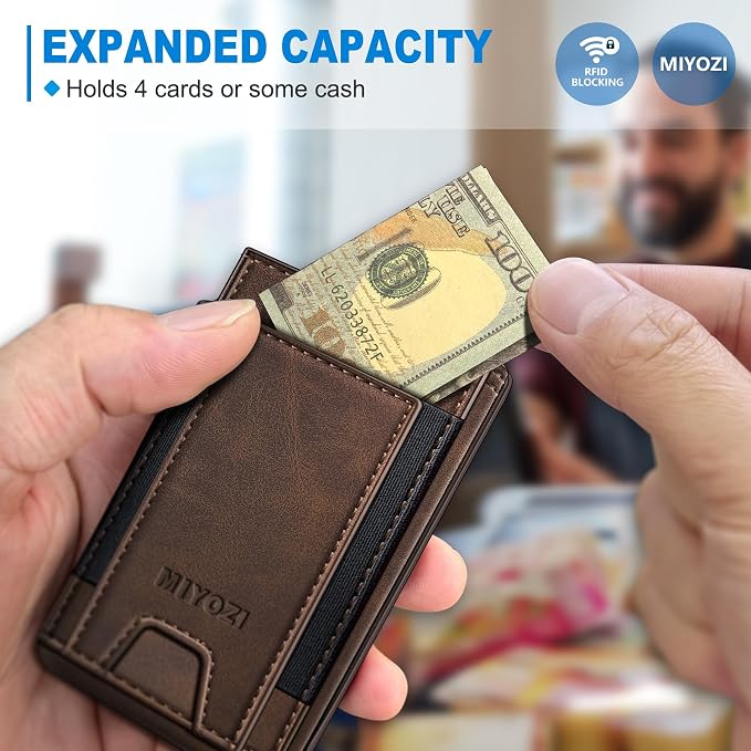 Wallet for Men, Slim Pop Up Card Holder - RFID Blocking Minimalist Bifold Wallet with ID Window, Holds 9-11 Cards & Stretchable Strap, Metal Flip Case with Magnetic Closure, Gift Box - Image 5