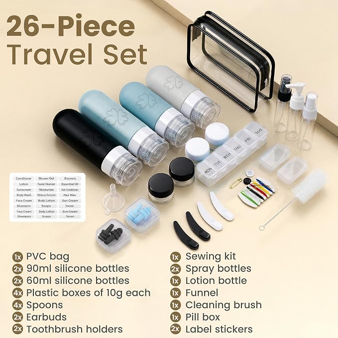 26-Piece TSA Approved Travel Toiletry Kit, Leak-Proof Silicone Refillable Bottles for Shampoo, Conditioner & Lotion, Travel Size Containers with Pill Organizer, Spray Bottle & Sewing Kit - Image 2