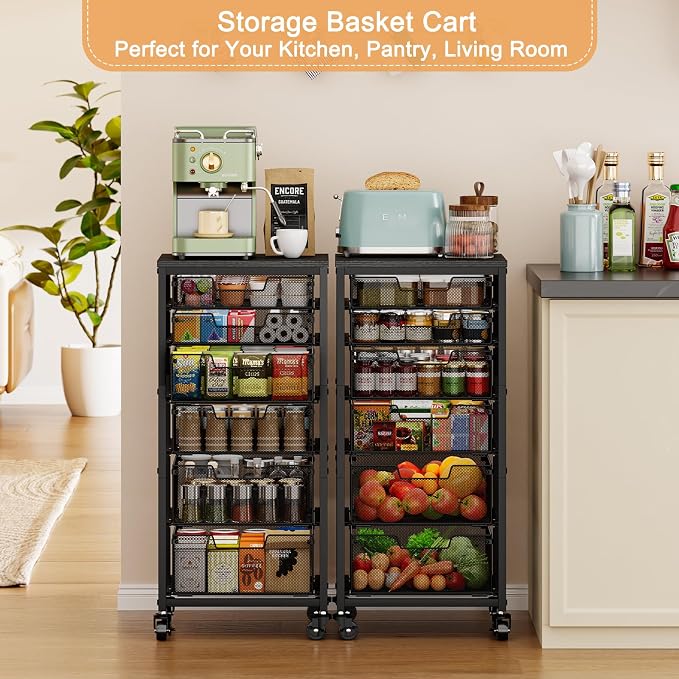 6-Tier Kitchen Storage Cart -Fruit Vegetable Storage Cart with Drawers, Wooden Top Metal Wire Kitchen Organizer and Storage Cart with Wheels to Storage Onions Potatoes Cans Snacks for Kitchen - Image 4