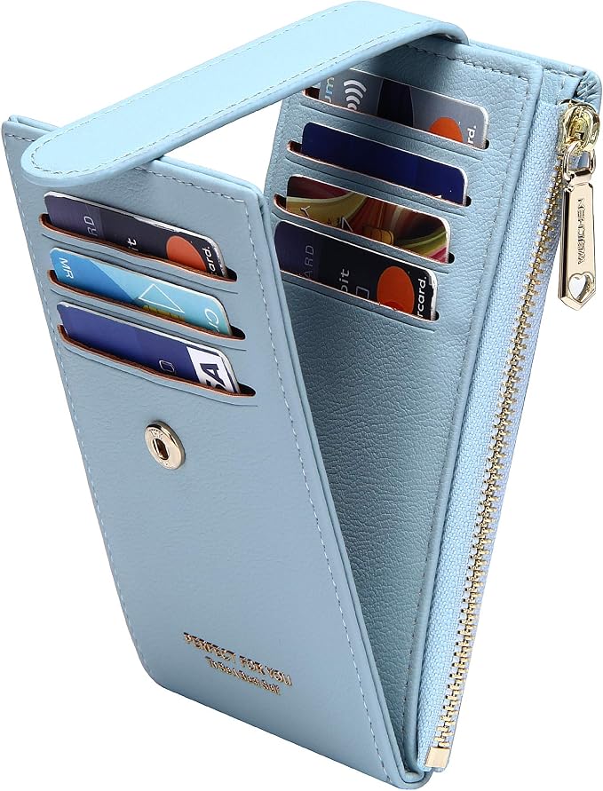 Badiya Slim Women Wallet RFID Blocking Bifold Compact 9 Card Slots Holder Wallets Soft Leather with Zipper Coin Pocket 2 ID Window by Badiya