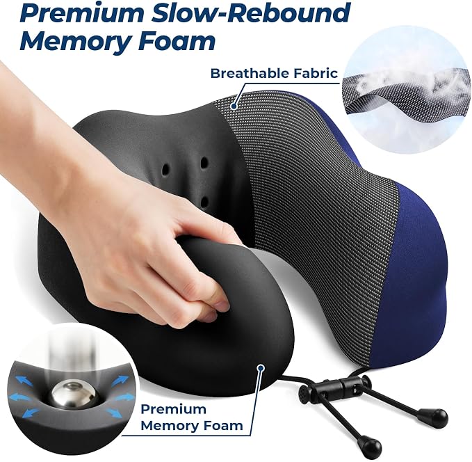 ExploreBliss Travel Pillow, Memory Foam Neck Pillow Airplane, Blue | Travel Pillows for Airplanes, Neck Pillow Airplane, Memory Foam Neck Pillow Set with Eye Mask, Earplugs - Image 3