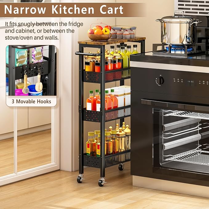 Slim Storage Cart with Wheels, 4 Tier Metal Rolling Organizer with Wood Top and Handle, Narrow Utility Shelf for Kitchen Bathroom Laundry Room, Black - Image 5
