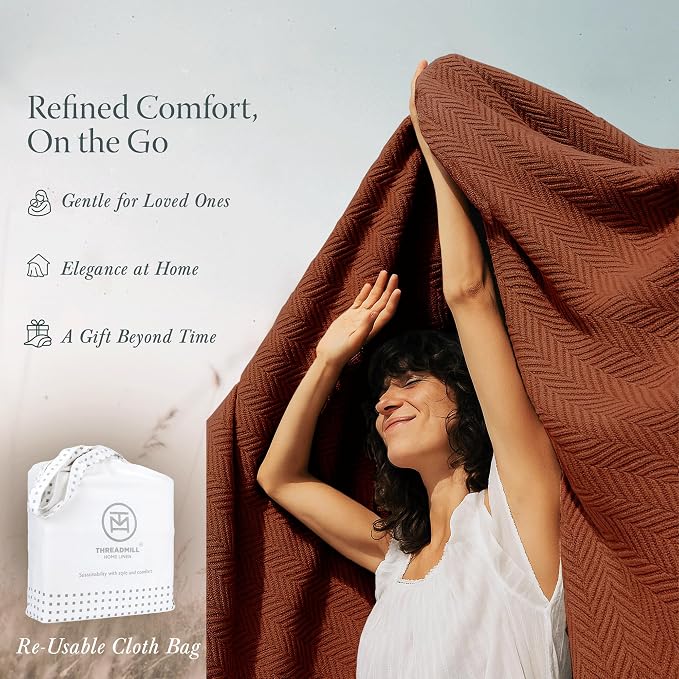 Threadmill Luxury Cotton Blankets for Queen Size Bed | All-Season 100% Cotton Queen Size Blanket | Herringbone Cozy, Soft Breathable Fall Thermal Blanket fits Full Size Bed | Paprika - Image 7