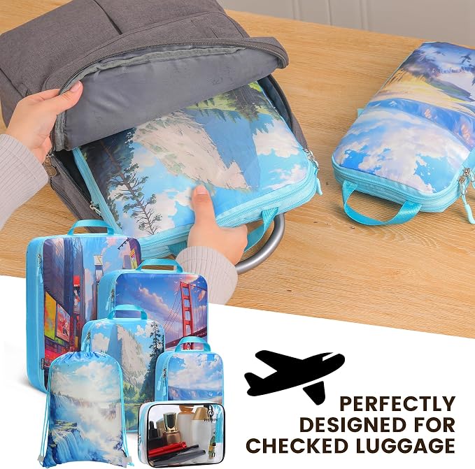 PFEYRPK Lightweight Compression Packing Cubes for Suitcases, Compressible Expandable Travel Packing Organizer with Clear Toiletries and Backpack Bag, Travel Essentials for Carry on Luggage 7 Set - Image 3
