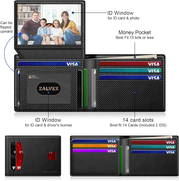 Wallet for Men Slim RFID Blocking Leather Credit Card Holder Wallet for 14 Cards, Bifold Minimalist Thin Wallet with 2 ID Windows & Cash Slot, Front Pockt Carteras Para Hombres, Birthday Gifts for Men | 14 Cards Bifold Minimalist Thin Wallet with 2 ID ... - Image 2