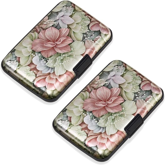 2 Pack Credit Card Holder for Women RFID Blocking Wallet, Happy Flower | Card Wallets for Women Small Mini Business Metal Accordion Aluminum Alloy Hard Case for Men by SLIMELEGANCEPERSONIFIED