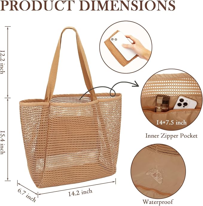 Fammart Mesh Beach Bag for Women, Summer Straw Tote Hobo Pool Bags with Zipper Pocket, Travel Vacation Cruise Essentials 2026 - Image 5