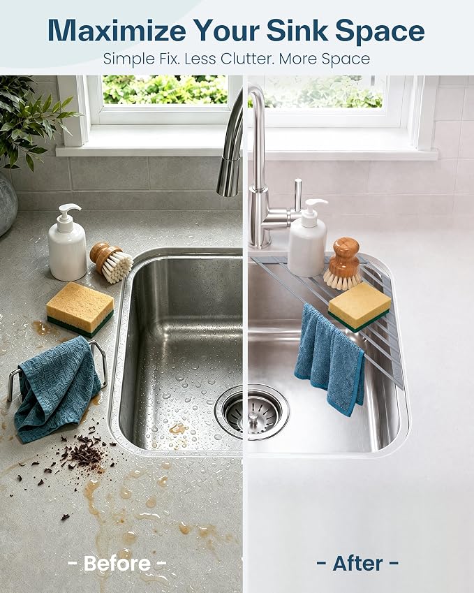 Ohuhu Triangle Roll Up Dish Drying Rack, Silicone Wrapped Steel Anti-Slip Sink Corner Rack Caddy Multipurpose Strainer for Kitchen Sink Trivet Space-Saving - Image 2