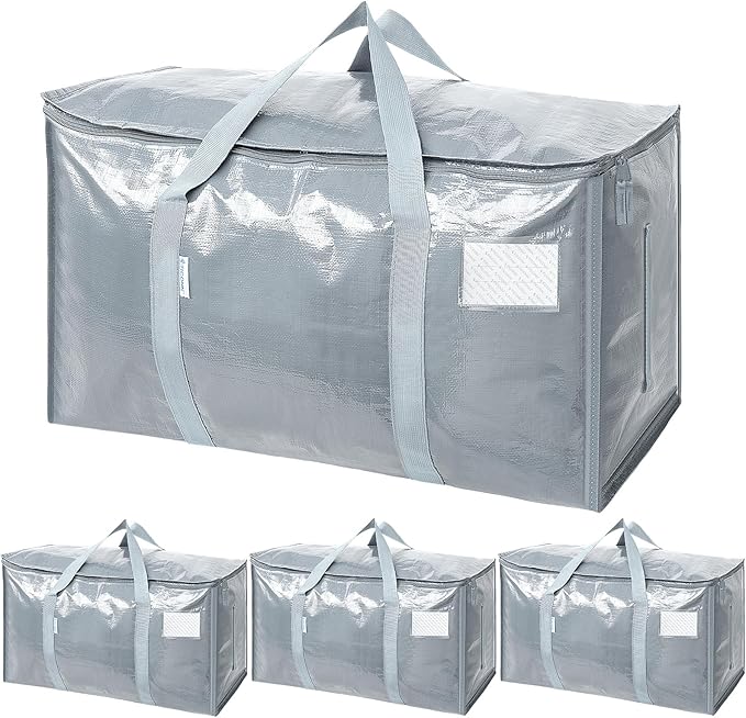 TICONN 4 Pack Extra Large Moving Bags Heavy Duty with Zippers & Carrying Handles, Durable Storage Bags Moving Boxes for Closet Organizers and Storage (4 Pack, Light Grey) by TICONN