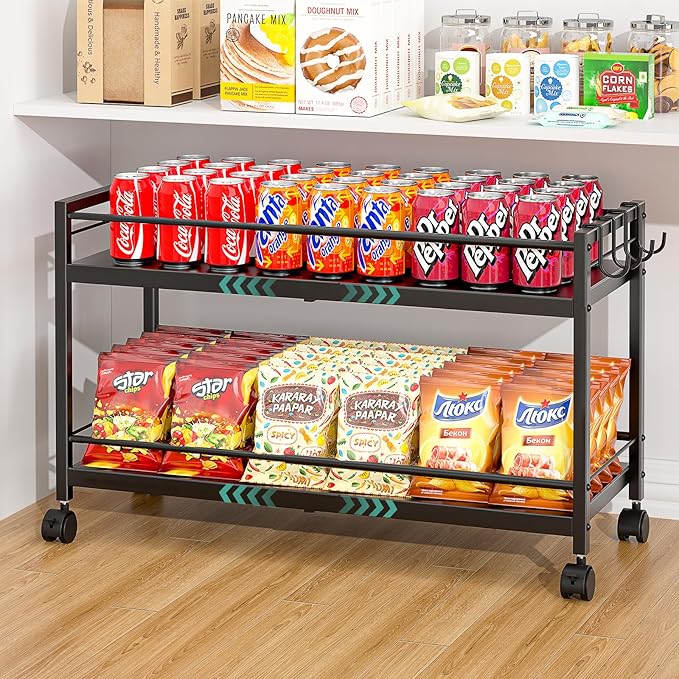 2 Pack 2-Tier Expandable Rolling Pantry Cart with Wheels, Adjustable Floor Organizer for Kitchen Pantry, Can Organizer for Pantry, Storage Cart for Snack, Food, Vegetables, Black, Patent Pending by 3IngSeagulls