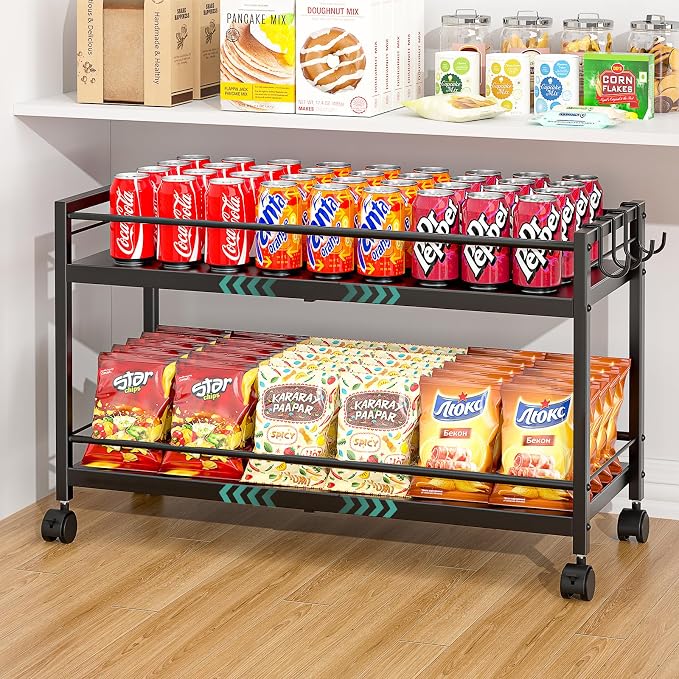 2-Tier Expandable Rolling Pantry Cart with Wheels, Adjustable Floor Organizer for Kitchen Pantry, Can Organizer for Pantry, Storage Cart for Snack, Food, Vegetables, Black, Patent Pending by 3IngSeagulls