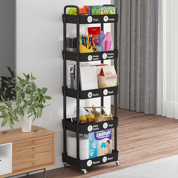 Laiensia Multifunction Utility Rolling Cart, 5-Tier Plastic & Metal Storage Organizer, Black, Lockable Wheels, Modern Style, Indoor Use - Image 4