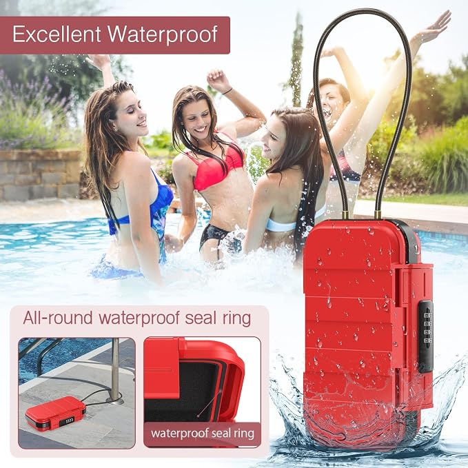 LOFICOPER Travel Safe Lock Box, Waterproof Beach Lock Box, Anti-Theft Personal Security Case with 4 Digit Resetable Code, Removable Chain, Portable Safe for Travel, Home, Office, Keys, Cash, Red - Image 2
