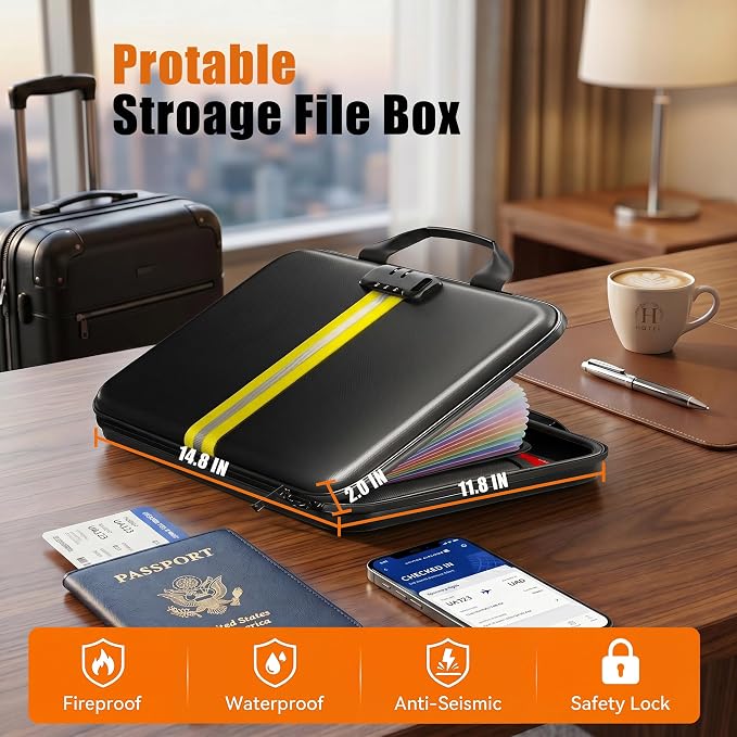 Fireproof Document Organizer with Lock, Rigid EVA File Box with 13-Pocket Accordion Folder for Important Documents & Tablets under 11", Lightweight Safe Storage for Home, Office & Travel (Small Size) - Image 6