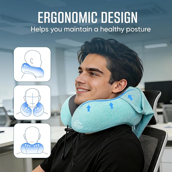 SkytraxComf® Travel Neck Pillow with Hood for Privacy on Long Flights | Memory Foam | Airplane Sleep | Safety-Tested Materials | Extra Large Hood | Chin Support | Earplugs | Washable Cover - Image 3