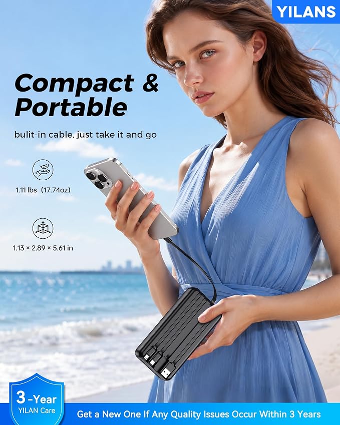 YILANS Portable Charger 50000mAh, 22.5W Power Bank with Built-in 4 Cables | Charges 6 Devices, Fast Charging Travel Essential, External Battery Phone Pack for iPhone 17-12, for Samsung/Android/iPad - Image 4