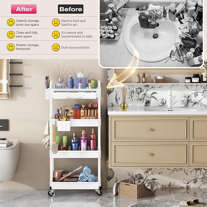 Goovilla Rolling Makeup Organizer Cart with Removable Drawer, 4 Tier White | Stable Floor Skincare Storage Cart for Vanity, Cosmetic Display, Nail Polish, Perfume, Hair Stuff, Beauty, Bathroom(Plastic) - Image 7