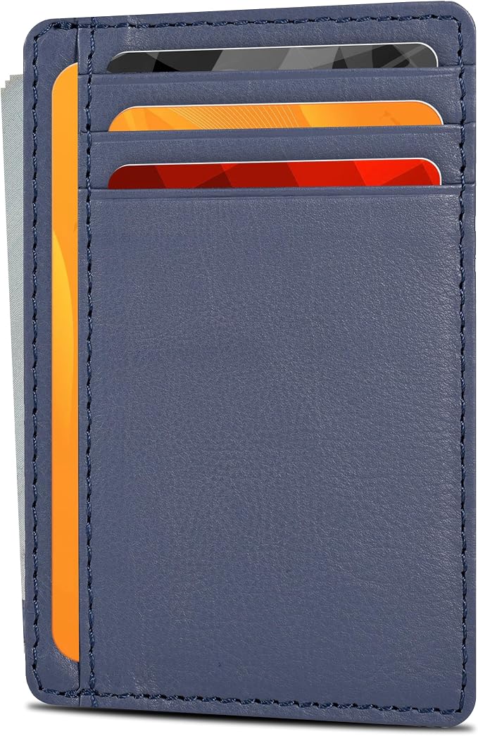 Nappa Navy Leather Slim Minimalist RFID Blocking Front Pocket Wallet, Card by OakLeathers