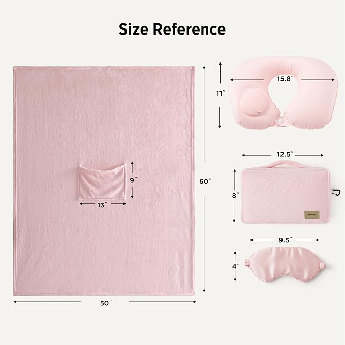Bedsure Travel Blanket Set with Inflatable Neck Pillow and Eye Mask - Lightweight 3-in-1 Airplane Packable Blanket, Compact Travel Essentials, Pink - Image 6