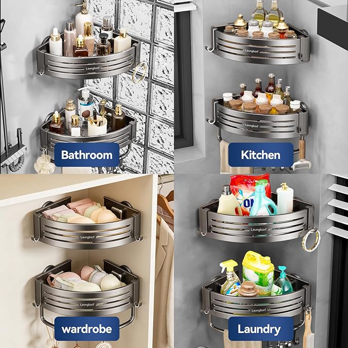 Corner Shower Caddy Suction Cup, Gray (2 Pack) | Rustproof aluminum shelf with towel bar & hooks. No-drill removable wall storage. Strong suction - Image 4
